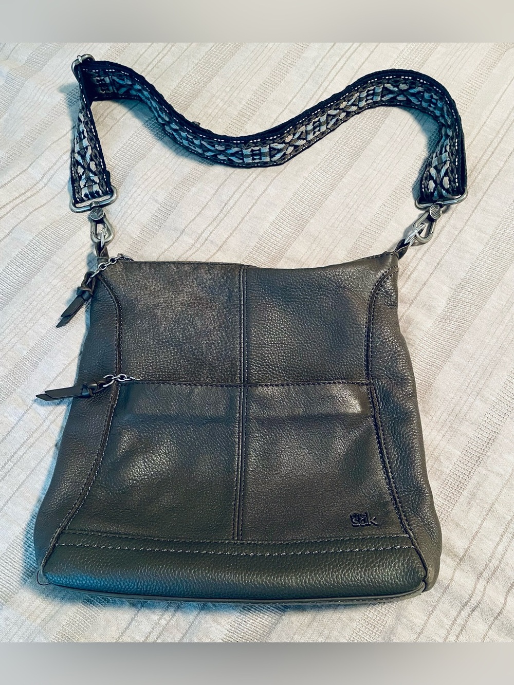 The Sak Lucia Leather Crossbody Bag Pebbled Leather Adjustable Woven Strap Grey